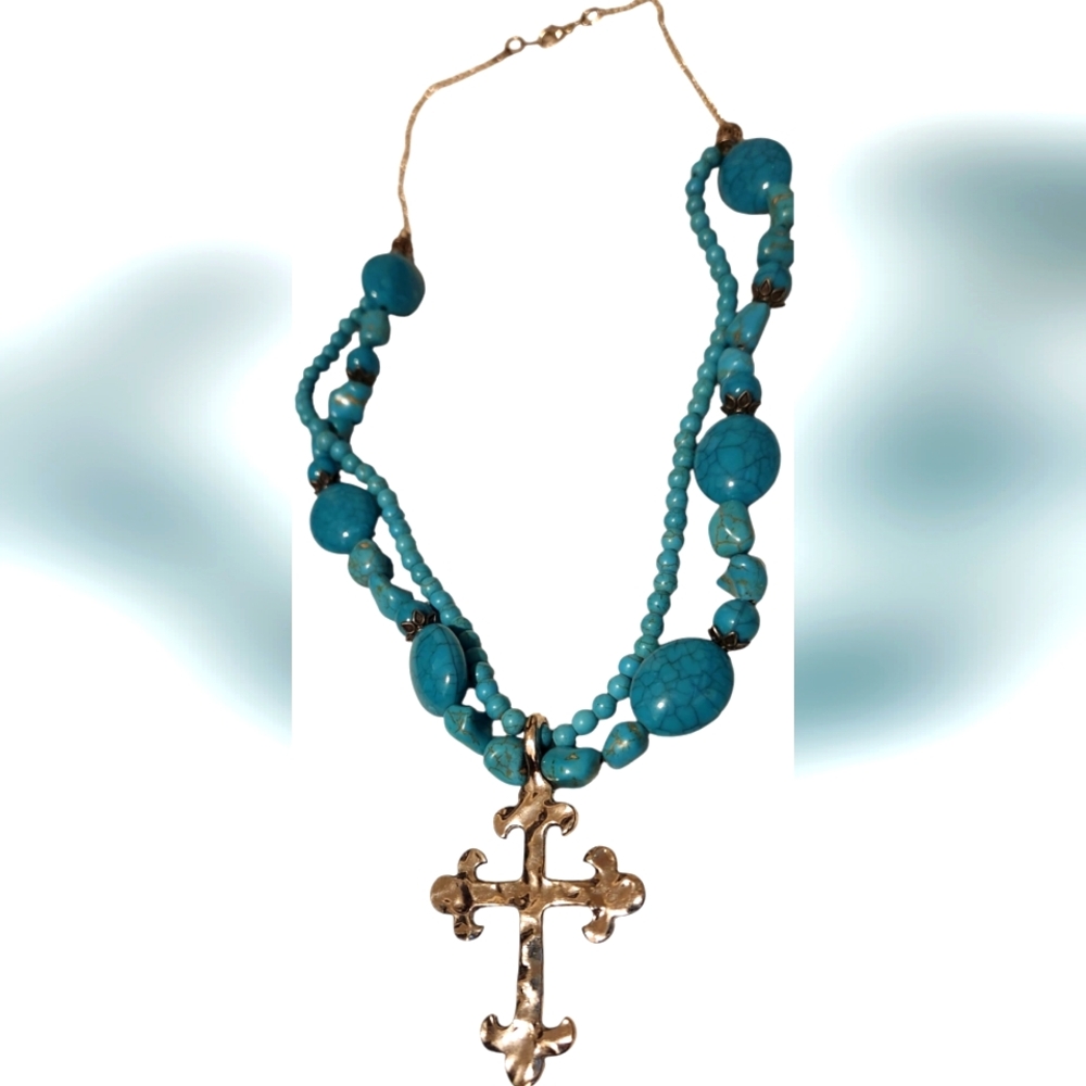 14 1/4" Custom Chunky Western Beaded Cross Pendant Necklace